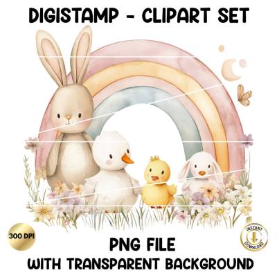 Digistamp Hase Ostern, Clipart Hase, Plotterdatei Ostern, Cricut, Osterhase, PNG Frühling, Digi stamp, Regenbogen