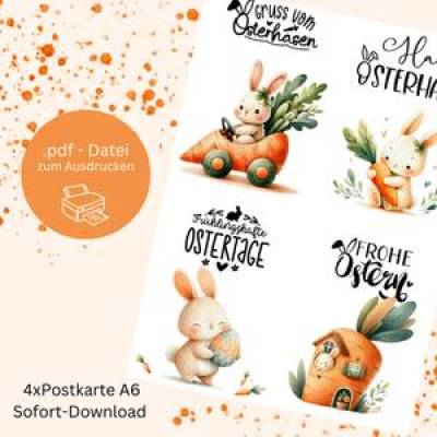 Osterkarten-Set mit niedlichen Osterhasen – Digital zum Ausdrucken
