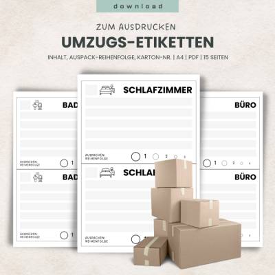 Umzugsetiketten zum Ausdrucken - 15 Räume - A4-Format, 2 Etiketten pro Seite (A5) - mit Priorisierung beim Auspacken