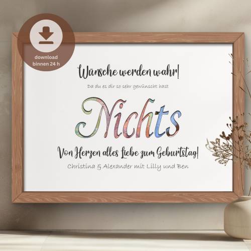 Nichts Geburtstagsgeschenk personalisiert | Geldgeschenk digital | Geschenkidee Nix gewünscht | lustiges Geschenk | PDF