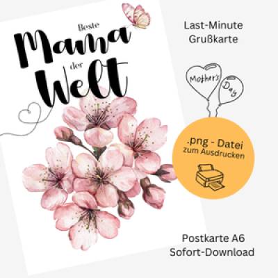 Digitale Muttertagskarte zum Ausdrucken mit frühlingshaftem Kirschblütenmotiv