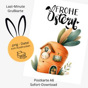 Osterkarte „Häschen im Karottenhaus“ – Digitaler Ostergruß als Download Bild 1