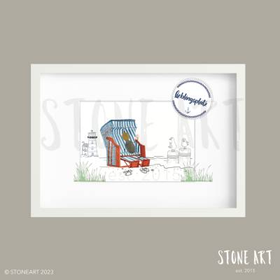 Maritimes Strandkorb Steinbild „Lieblingsplatz“ – Handgefertigtes Unikat mit Wunschpersonalisierung