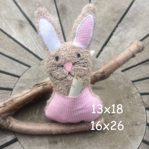 Hase Stickdatei  ITH mit kleiner Tasche 13x18 16x26 Ostern Geldgeschenk