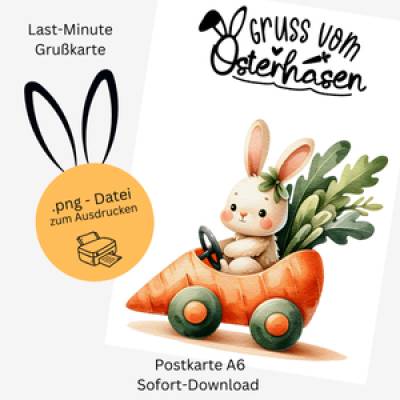  Osterkarte „Häschen im Karottenauto“ – Digitaler Ostergruß zum Download