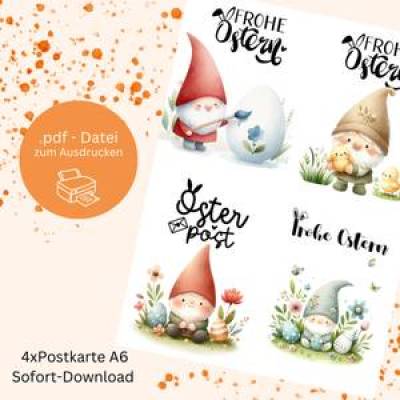 Fröhliche Osterkarten mit niedlichen Wichteln – Digitales Set zum Ausdrucken