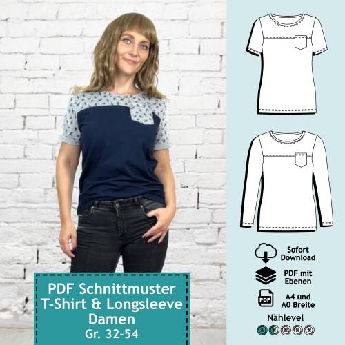 PDF Schnittmuster mit Ebenen Longsleeve & T-Shirt mit Tasche Nicky, Gr. 32-54 | e-Book Damen Schnitt Oberteil, Top, Näha