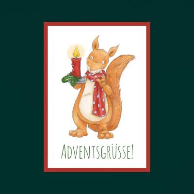 Postkarte: Adventsgrüße, Adventskarte, Weihnachtskarte, Eichhörnchen · A6 · Aquarell, Buntstift, klimaneutraler Druck