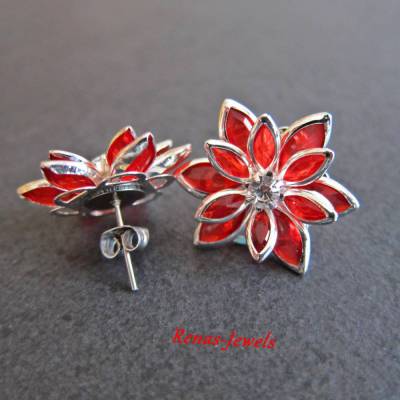 Ohrstecker Lotusblume rot silberfarben – Blumen Ohrringe 25 mm Schmuck handgemacht