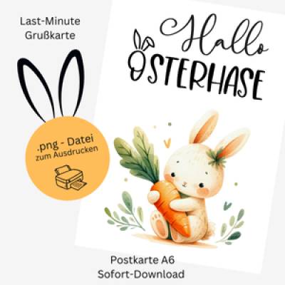  Osterkarte süßer Hase mit Karotte – Digitaler Ostergruß zum Download
