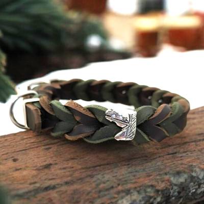 Halsband für Hunde aus Fettleder in grün - braun mit Pferdekopf Schieber Größe ca. 28 - 36 cm