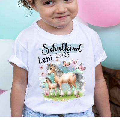 Schulkind T Shirt mit Namen personalisiert Pferd Mädchen Schulstart Geschenk Einschulung