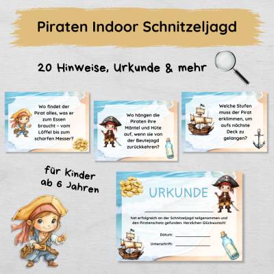 Piraten Indoor Schnitzeljagd mit 20 Hinweisen für Zuhause, Urkunde, Geschichte & mehr, Schatzsuche Set für Kinder ab 6