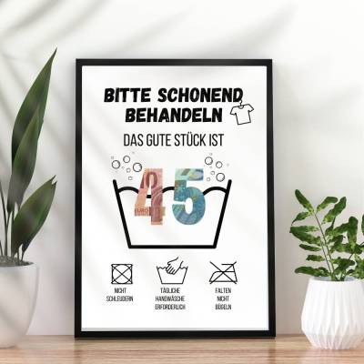 Geldgeschenk 45. Geburtstag zum selbst ausdrucken | Last Minute Geschenk Waschanleitung
