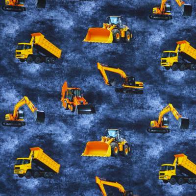 Jersey mit dunkelblau mit Baufahrzeugen Laster Bagger 50cm x 140 cm Nähen Stoff