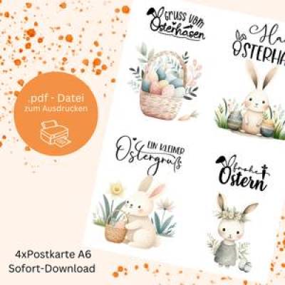 Pastellige Osterkarten mit niedlichen Hasen – Digitales Set zum Ausdrucken