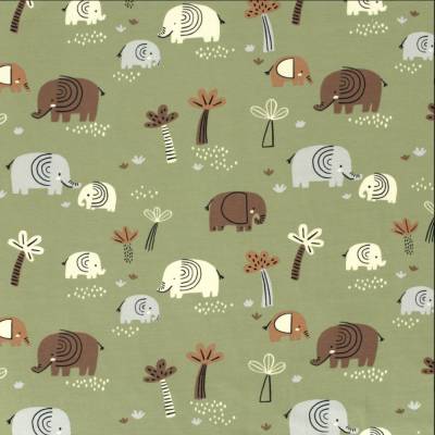 Jersey Stoff Oliv Grün Elefanten Baumwolle Jersey 50cm x 150cm Öko Tex 100