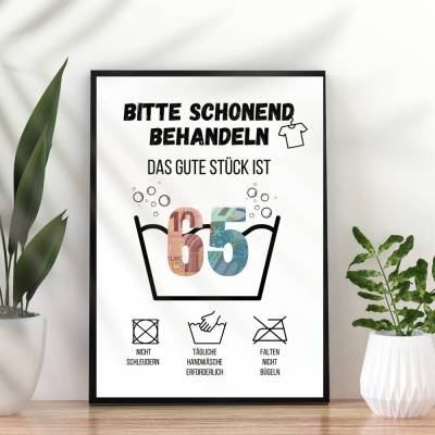 Geldgeschenk 65. Geburtstag zum selbst ausdrucken | Last Minute Geschenk Waschanleitung