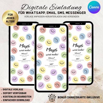 Digitale Einladungskarte, Einladung Kindergeburtstag Smiley personalisierbare E-Card WhatsApp, Einladung