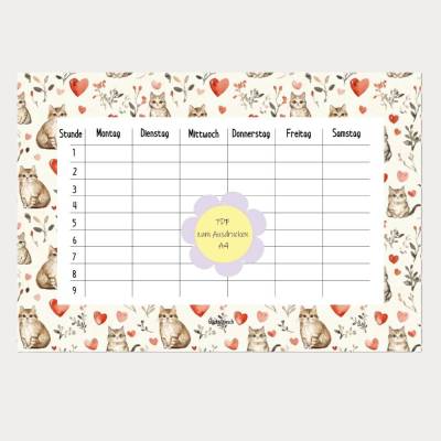 Stundenplan A4 PDF zum Ausdrucken Motiv mit kleinen Katzen