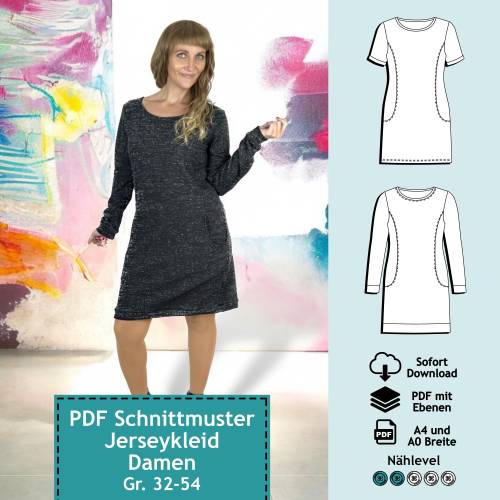 PDF Schnittmuster mit Ebenen Jerseykleid mit Taschen Caro, Gr. 32-54 | e-Book Damen Kleid, Sommerkleid Schnitt, Nähanlei