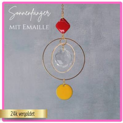 Perfektes kleines Geschenk - Moderner Suncatcher in Rot und Gelb mit Emaille Anhänger