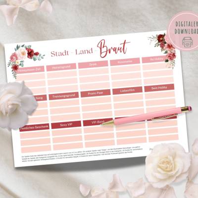 Stadt-Land-Braut | Hochzeits-Spiel | Spiel für die Hochzeit | Partyspiel JGA | Hochzeitsspiel | à la Stadt-Land-Fluss