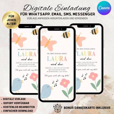 Digitale Einladungskarte, Einladung Kindergeburtstag mit Foto Regenbogen personalisierbare E-Card WhatsApp, Einladung