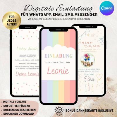 Digitale Einladungskarte, Einladung Kindergeburtstag Smiley personalisierbare E-Card WhatsApp, Einladung