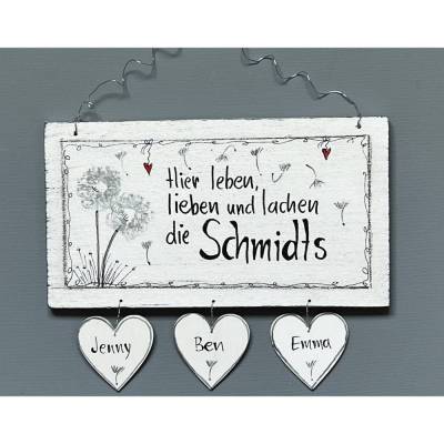 Personalisiertes Türschild Familie mit Pusteblume & Herzanhänger – Shabby Chic Namensschild zur Hauseinweihung