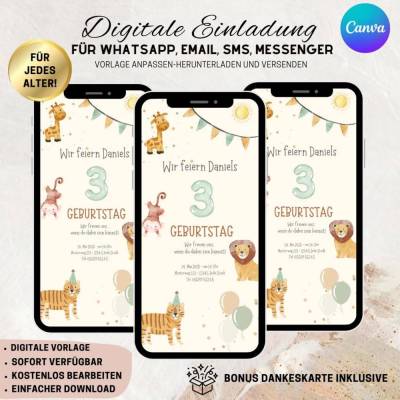 Digitale Einladungskarte, Einladung Kindergeburtstag Safari personalisierbare E-Card WhatsApp, Einladung