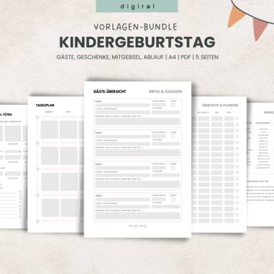Kindergeburtstag Planer Vorlagen - Printable Organisation Set für Kinderparty | Gästeplanung, Geschenke, Tagesablauf & M