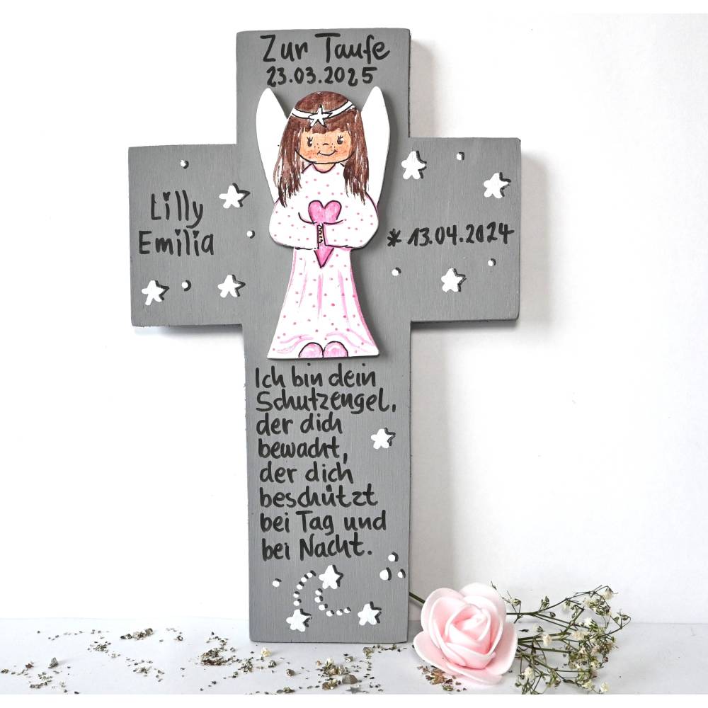 Personalisiertes Taufkreuz Aus Holz - Lebensbaum Design 13x20cm Walnuss-Optik