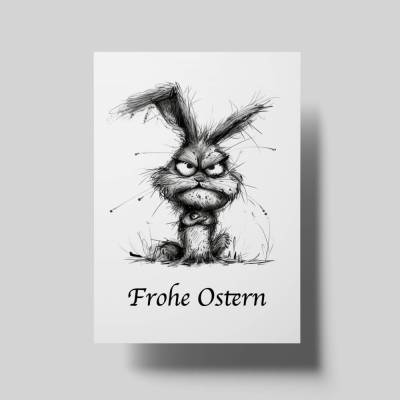 Osterkarte ‚Grumpy Bunny‘ – Humorvolle Frohe Ostern Karte mit mürrischem Hasen – Handgefertigt & einzigartig
