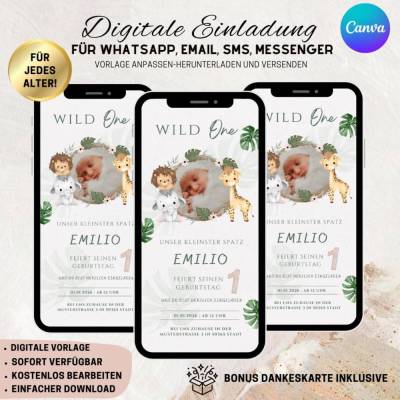 Digitale Einladungskarte, Einladung Kindergeburtstag Safari personalisierbare E-Card WhatsApp, Einladung