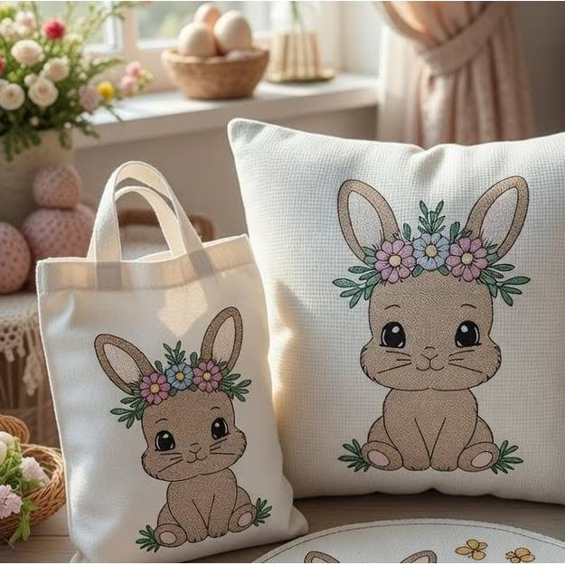 Stickdatei Hase – Osterhase 1 Lineare Art Set 2513 – Hase mit Blumen für Kissen, Shirts & mehr Bild 1