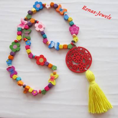 Bunte Kinderkette lang mit Holzperlen, Schmetterling, Blume, Würfel & Quaste – Mädchen Bettelkette