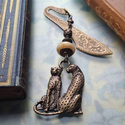 Geparden Buchzeichen Art Deco Bronze Metall Lesezeichen Leoparden Paar Geschenk zum Buch