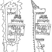 Printable: Faltkarten 4er Set Partytiere Löwe, Krokodil, Bär und Frosch zum Selbstausdrucken und anmalen, Happy Birthday Bild 1