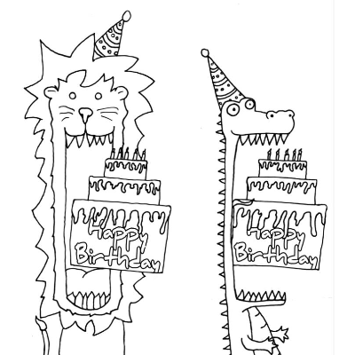 Printable: Faltkarten 4er Set Partytiere Löwe, Krokodil, Bär und Frosch zum Selbstausdrucken und anmalen, Happy Birthday