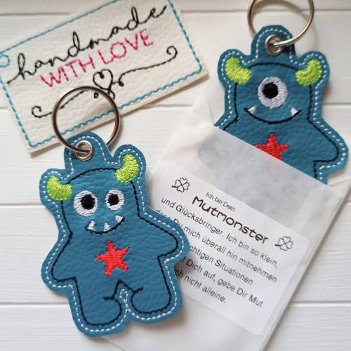 Mutmonster Anhänger Glücksbringer – Gestickter Schlüsselanhänger aus Kunstleder, Beschützer für Rucksack & Schulanfang