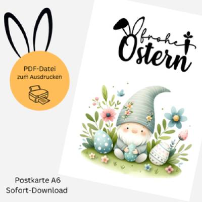 Osterkarte „Gnom auf der Blumenwiese“ – Digitaler Ostergruß zum Download
