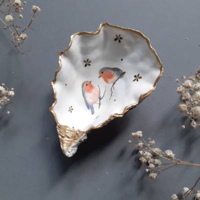 handgefertigte Dekoration aus einer Auster • Rotkehlchen Robin & Robin •