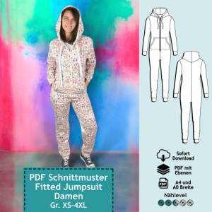 PDF Schnittmuster mit Ebenen Fitted Jumpsuit Alexandra, Gr. XS-4XL | eBook, Onesie Damen Schnitt mit farbiger Nähanleitu Bild 1