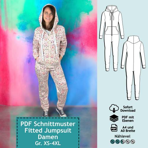 PDF Schnittmuster mit Ebenen Fitted Jumpsuit Alexandra, Gr. XS-4XL | eBook, Onesie Damen Schnitt mit farbiger Nähanleitu