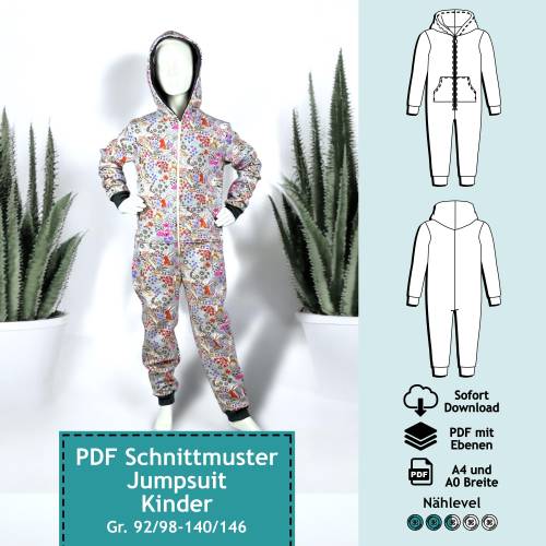 PDF Schnittmuster Kinder Jumpsuit Alex Mini-Me, Gr. 92/98-140/146, e-Book Kinder Onesie, Jumpy, Einteiler Schnitt, Nähan