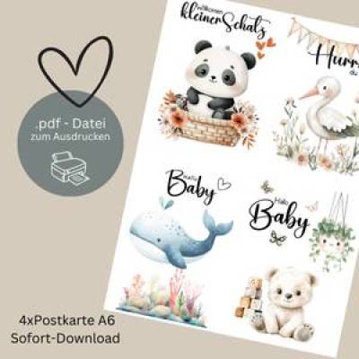 Babykarten-Set mit süßen Tiermotiven – Digital zum Ausdrucken - PDF DIN A4 - Set 1
