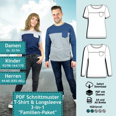 3er Set PDF Schnittmuster Longsleeve & T-Shirt mit Tasche für Damen, Kinder + Herren | e-Book Schnitt Oberteil, Top, Näh