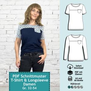 3er Set PDF Schnittmuster Longsleeve & T-Shirt mit Tasche für Damen, Kinder + Herren | e-Book Schnitt Oberteil, Top, Näh Bild 4