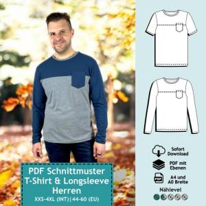 3er Set PDF Schnittmuster Longsleeve & T-Shirt mit Tasche für Damen, Kinder + Herren | e-Book Schnitt Oberteil, Top, Näh Bild 5